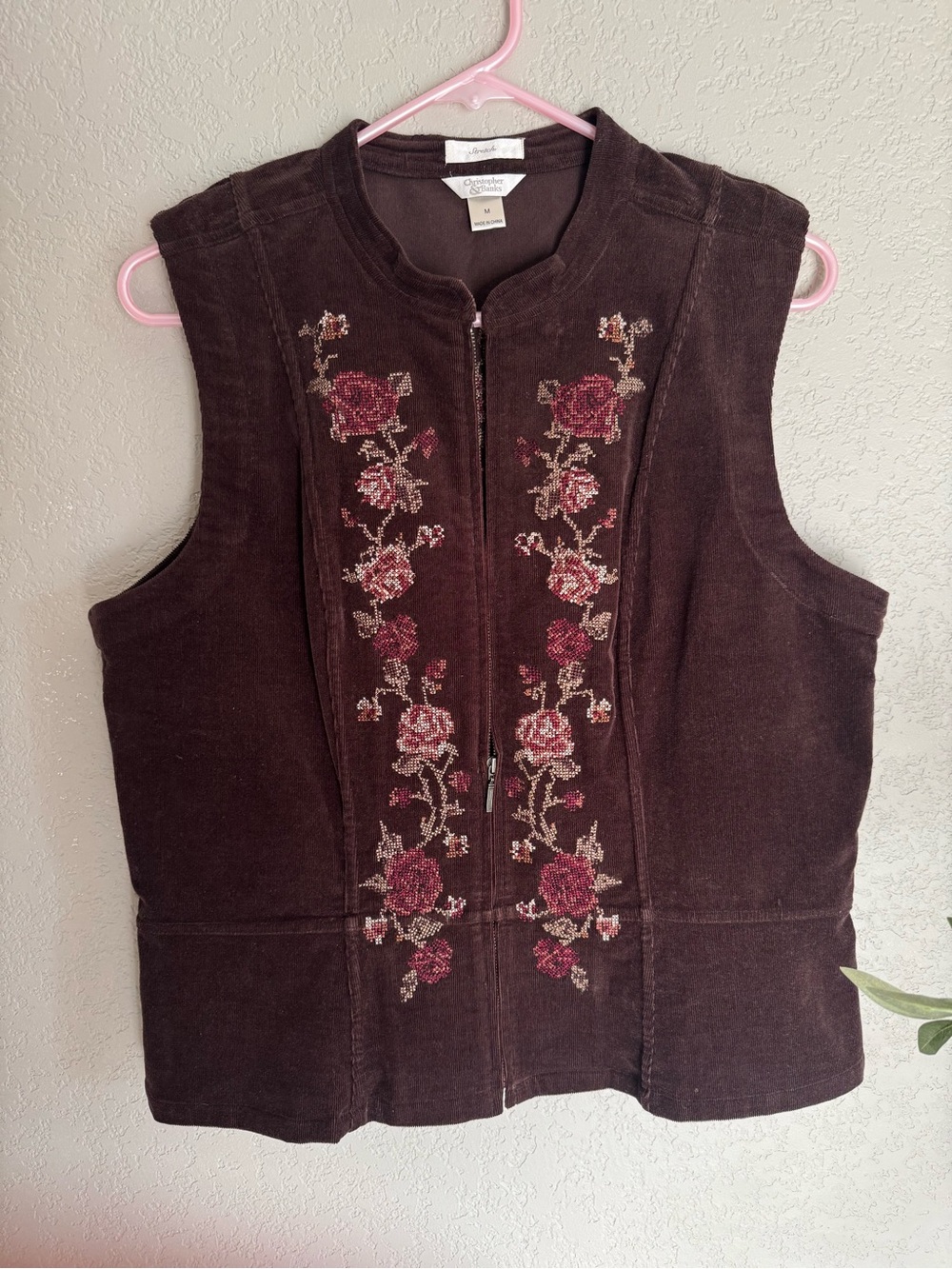 Christopher & Banks Dark Brown Zip-Front Embroidered Vest